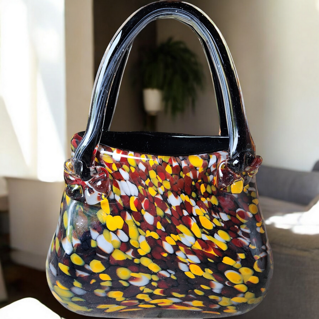 Murano Crystal Art Glass Handled Handbag Basket Vase