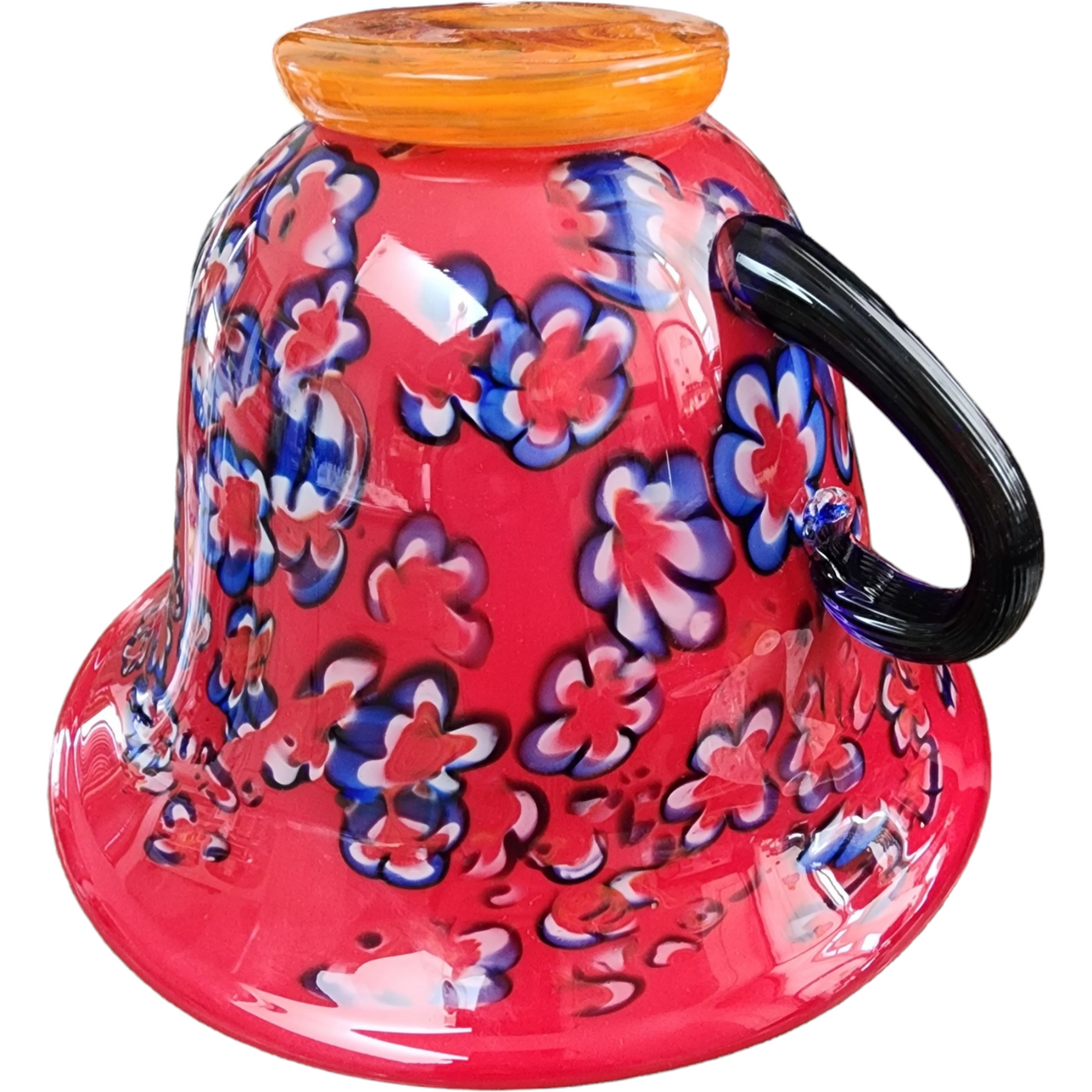 Murano Red Ground With Blue Heavy Art Glass Handled Center Bowl Italy