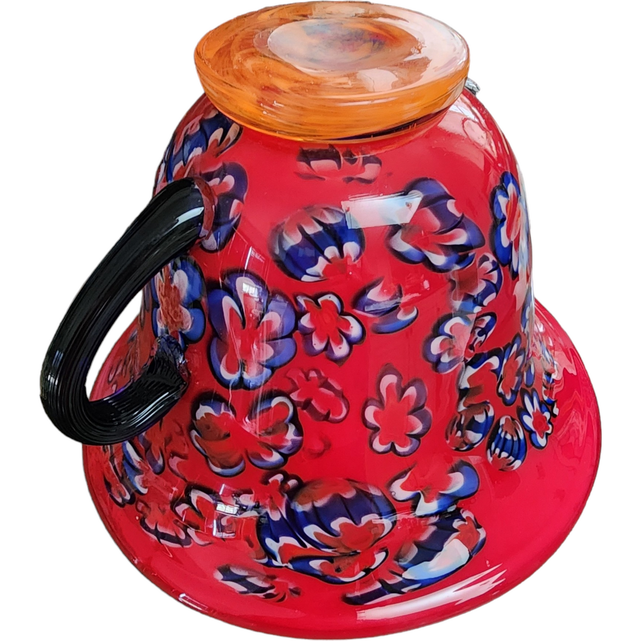 Murano Red Ground With Blue Heavy Art Glass Handled Center Bowl Italy