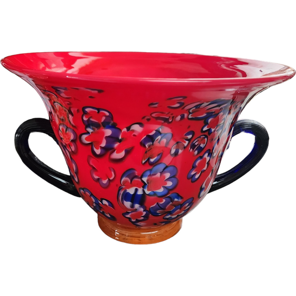 Murano Red Ground With Blue Heavy Art Glass Handled Center Bowl Italy