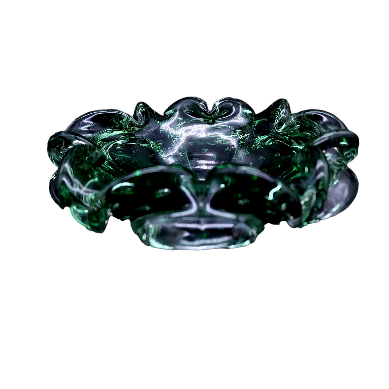 MURANO CRYSTAL Venetian Art Glass Emerald Ashtray with Concentric Bubbles