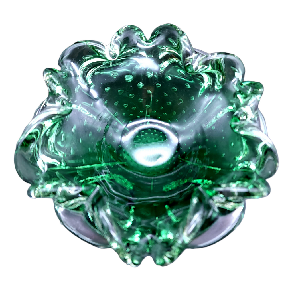 MURANO CRYSTAL Venetian Art Glass Emerald Ashtray with Concentric Bubbles