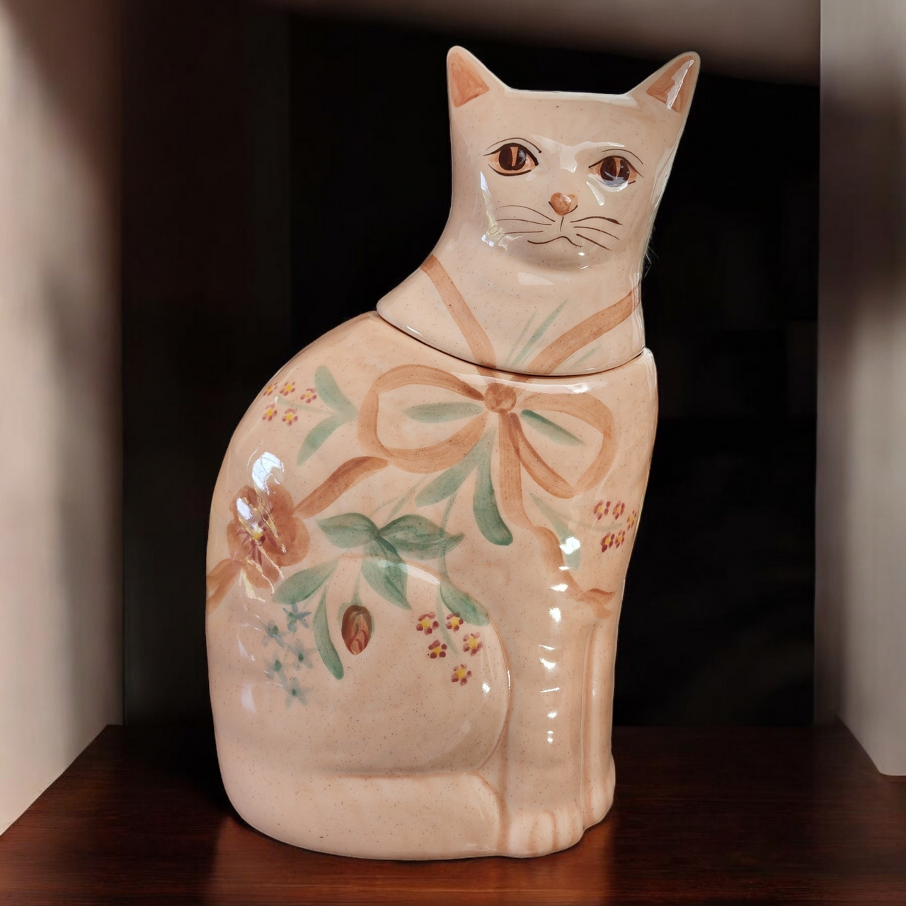 N.S. Gustin Ceramic Pottery Pink Ribbon Flowers Large Cat Cookie Jar & Lid