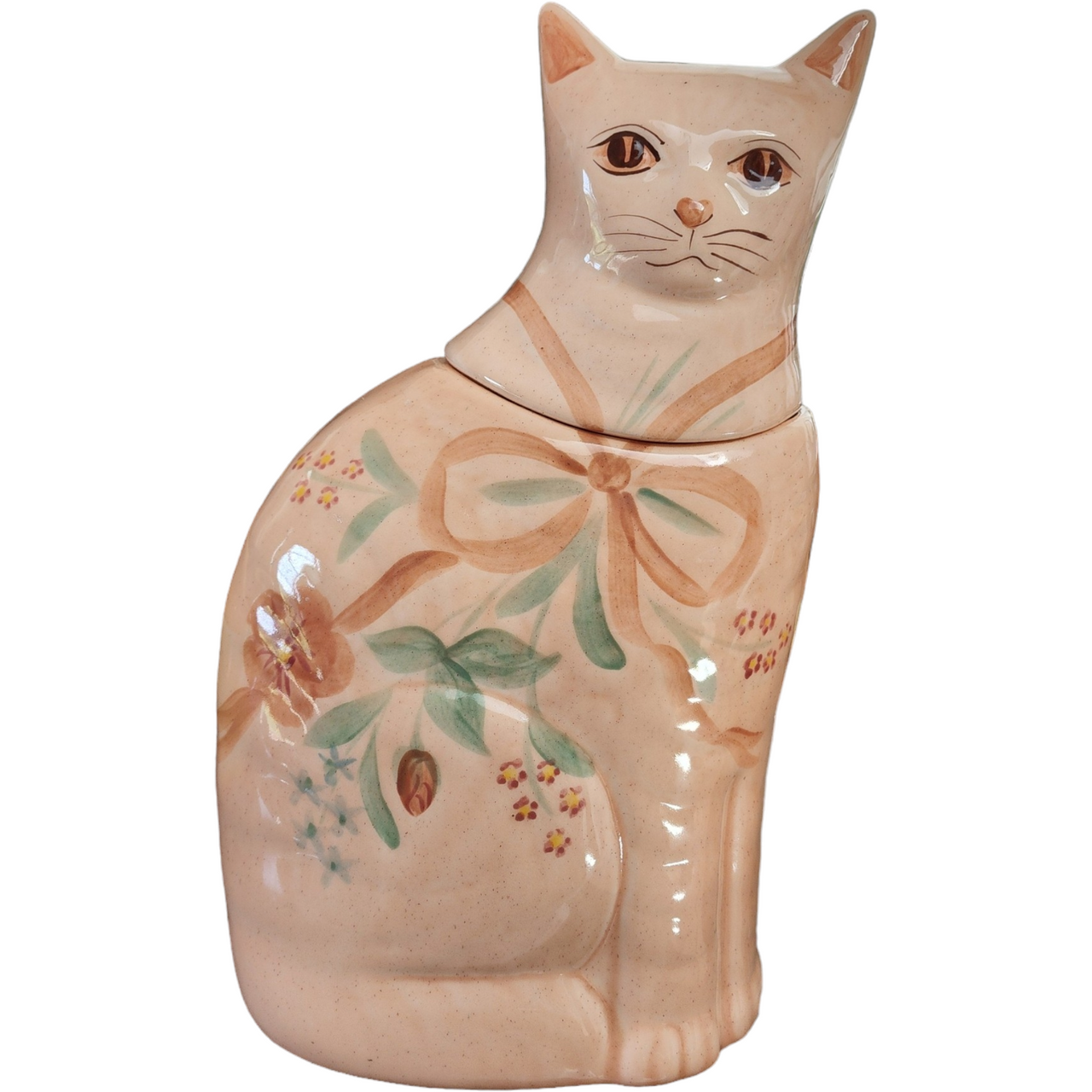 N.S. Gustin Ceramic Pottery Pink Ribbon Flowers Large Cat Cookie Jar & Lid