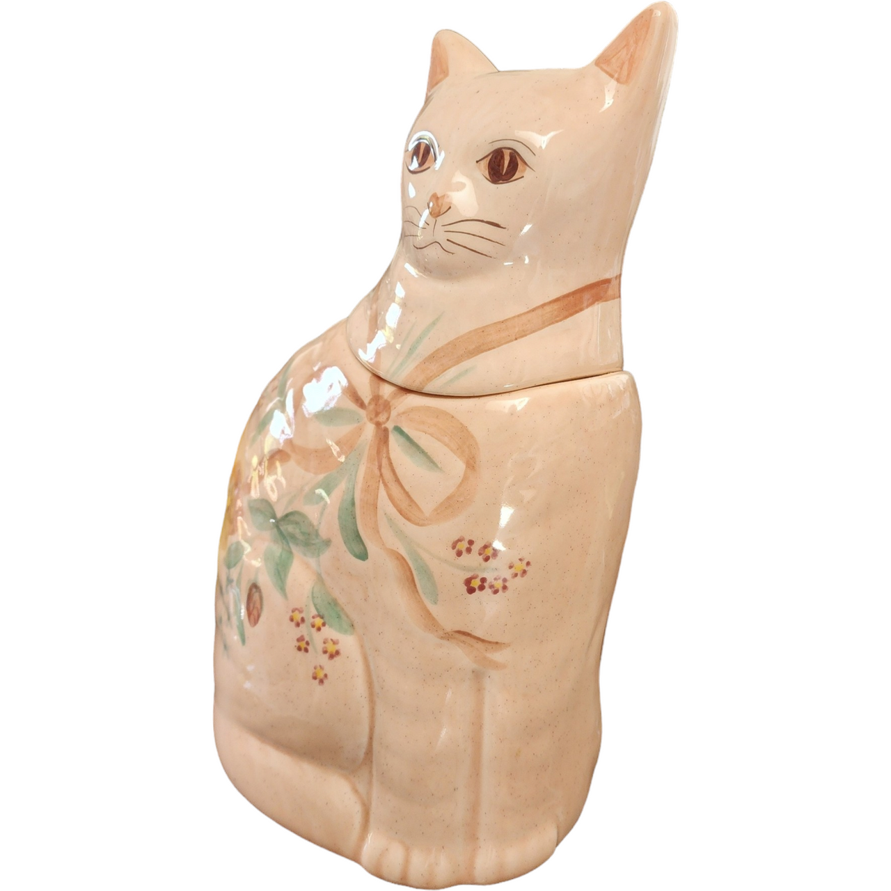 N.S. Gustin Ceramic Pottery Pink Ribbon Flowers Large Cat Cookie Jar & Lid