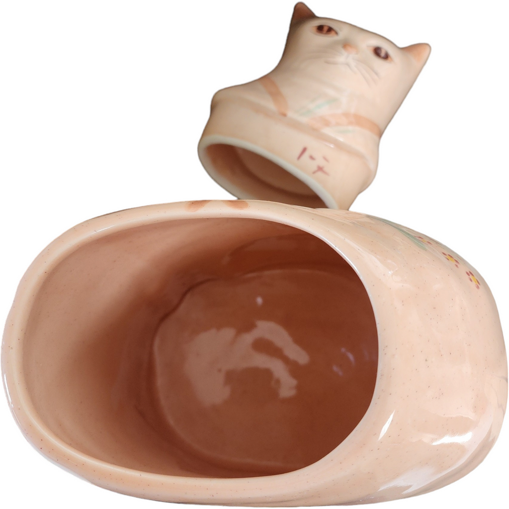 N.S. Gustin Ceramic Pottery Pink Ribbon Flowers Large Cat Cookie Jar & Lid