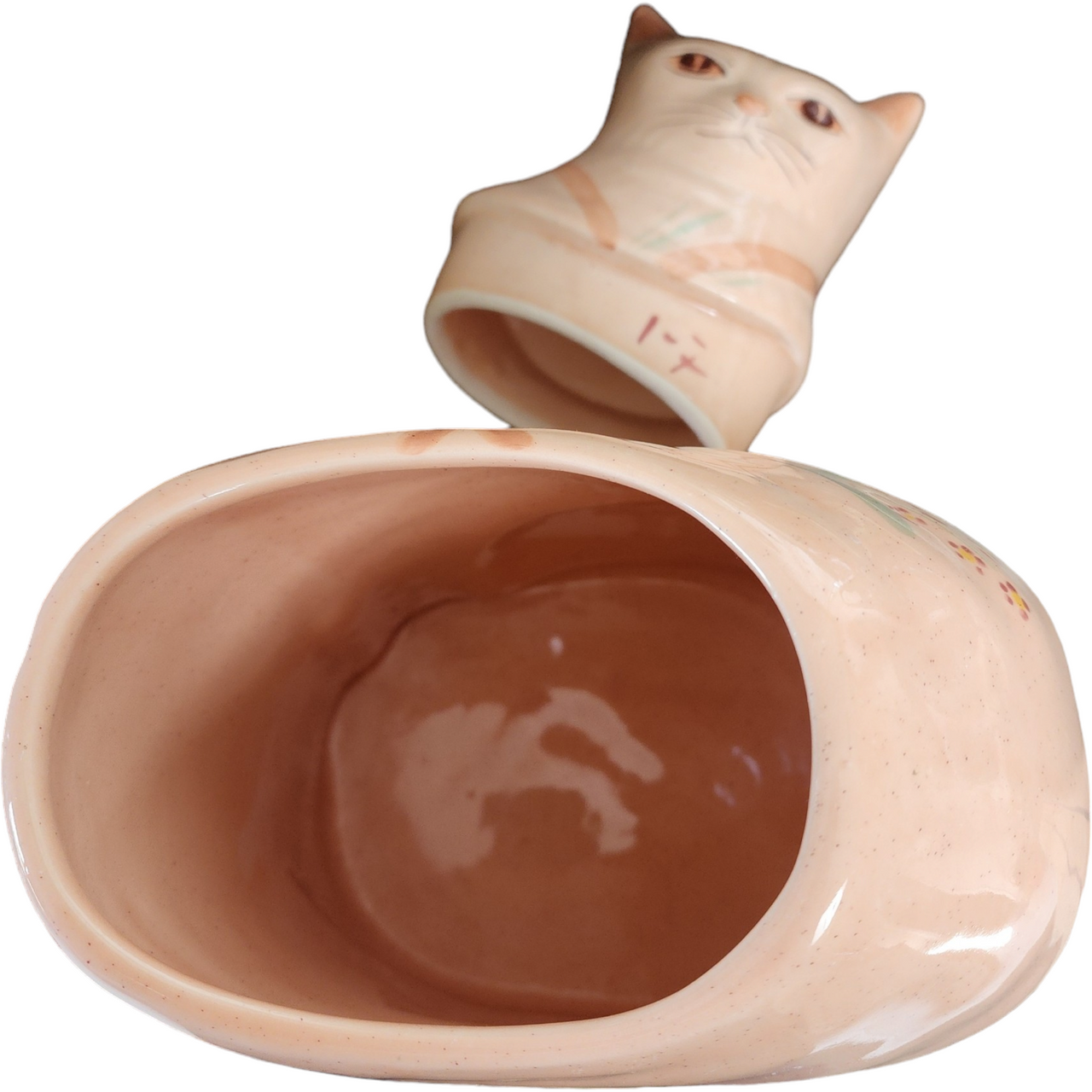 N.S. Gustin Ceramic Pottery Pink Ribbon Flowers Large Cat Cookie Jar & Lid