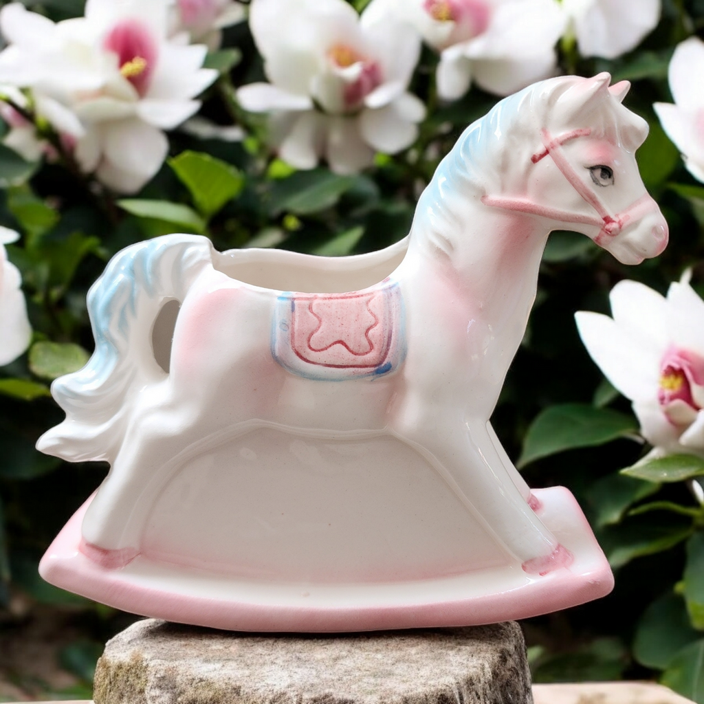 Lefton Hand Painted Ceramic Rocking Horse Planter or Vase Japan