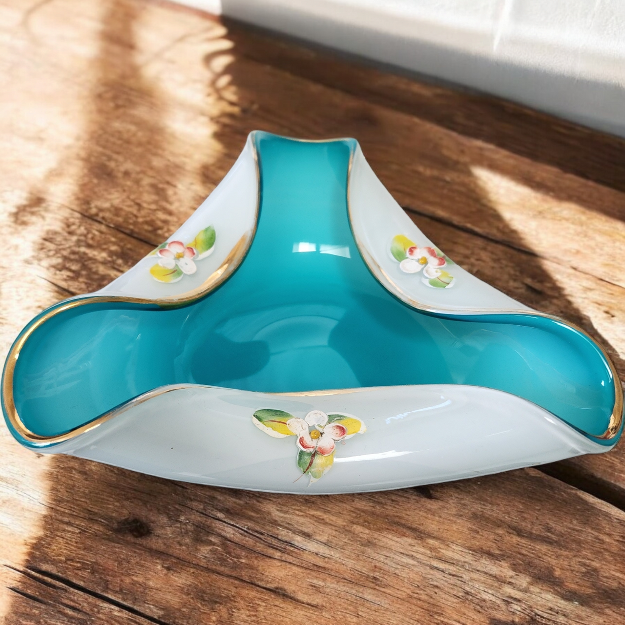 Czech Art Glass Aqua Teal Blue Ruffle Folded Edge Candy Bowl Dish