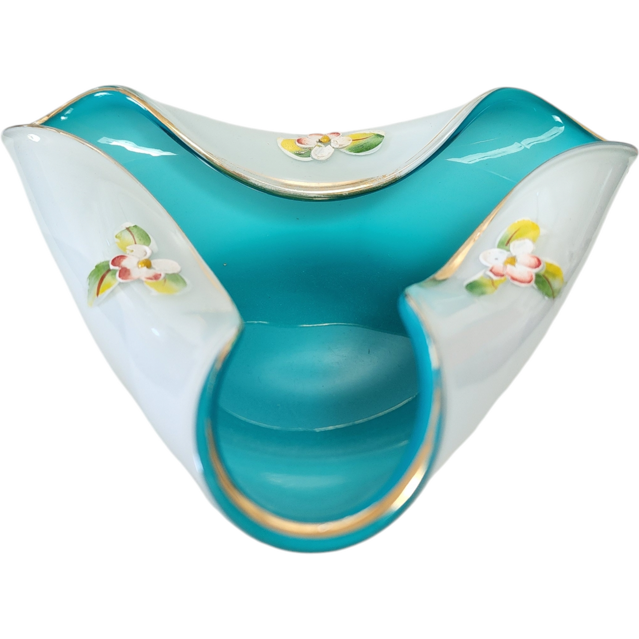Czech Art Glass Aqua Teal Blue Ruffle Folded Edge Candy Bowl Dish