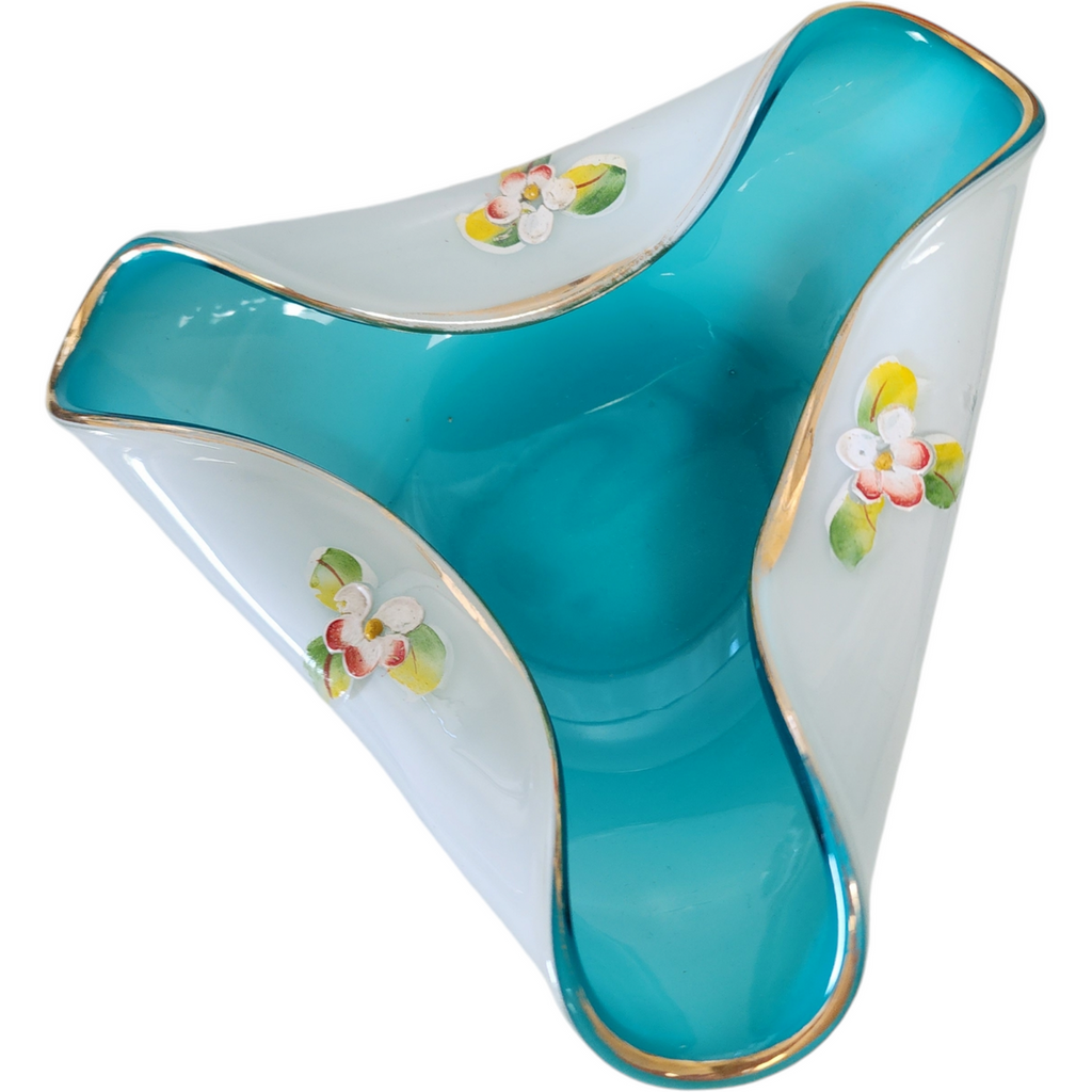 Czech Art Glass Aqua Teal Blue Ruffle Folded Edge Candy Bowl Dish