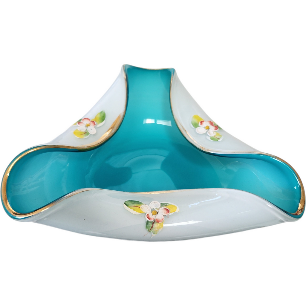 Czech Art Glass Aqua Teal Blue Ruffle Folded Edge Candy Bowl Dish