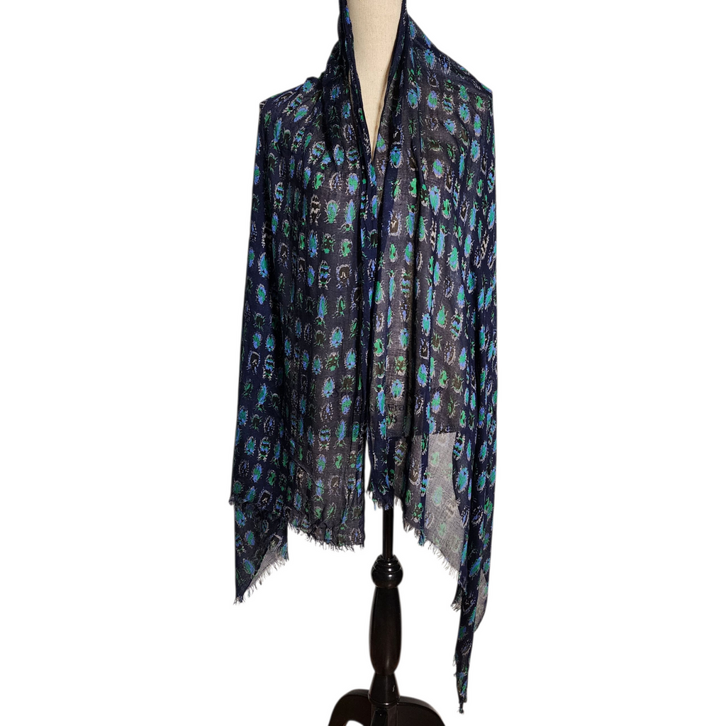 Navy Blue Insect Print Scarf Wrap Lightweight Vintage Boho Shawl with Beetle Motif