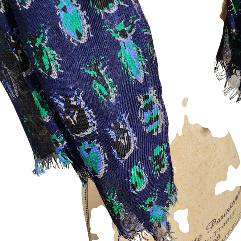 Navy Blue Insect Print Scarf Wrap Lightweight Vintage Boho Shawl with Beetle Motif