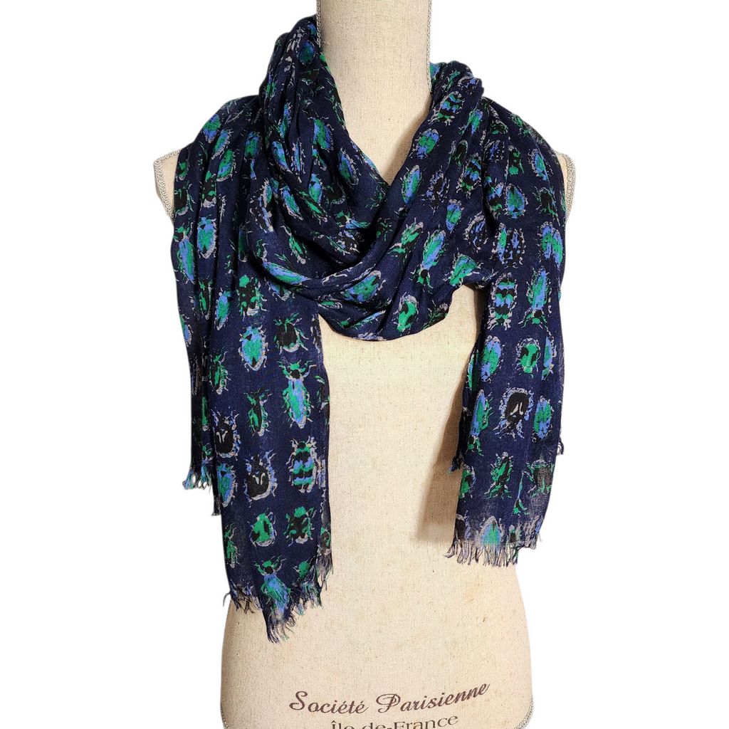 Navy Blue Insect Print Scarf Wrap Lightweight Vintage Boho Shawl with Beetle Motif