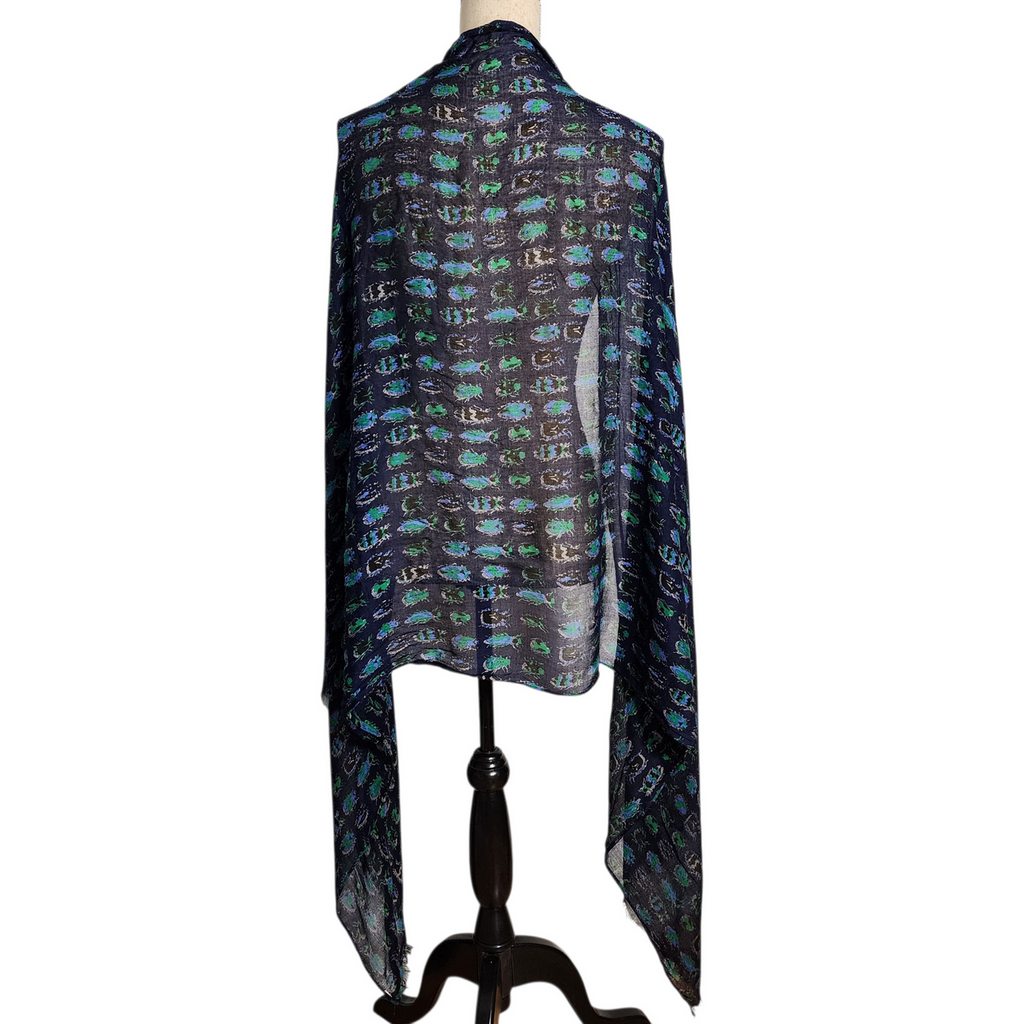 Navy Blue Insect Print Scarf Wrap Lightweight Vintage Boho Shawl with Beetle Motif