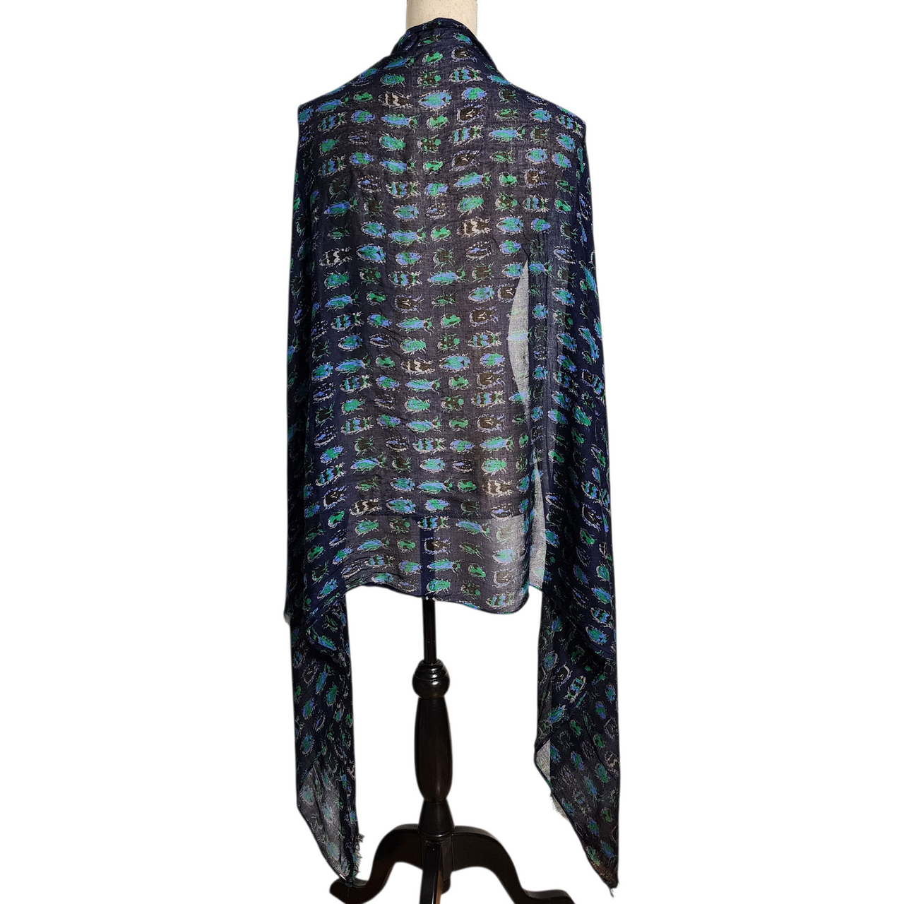 Navy Blue Insect Print Scarf Wrap Lightweight Vintage Boho Shawl with Beetle Motif