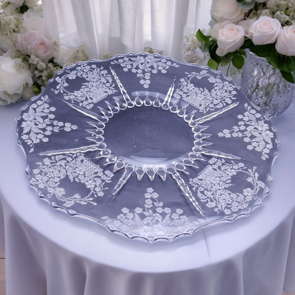 New Martinsville Flower Basket-Clear Etch Design Torte Plate