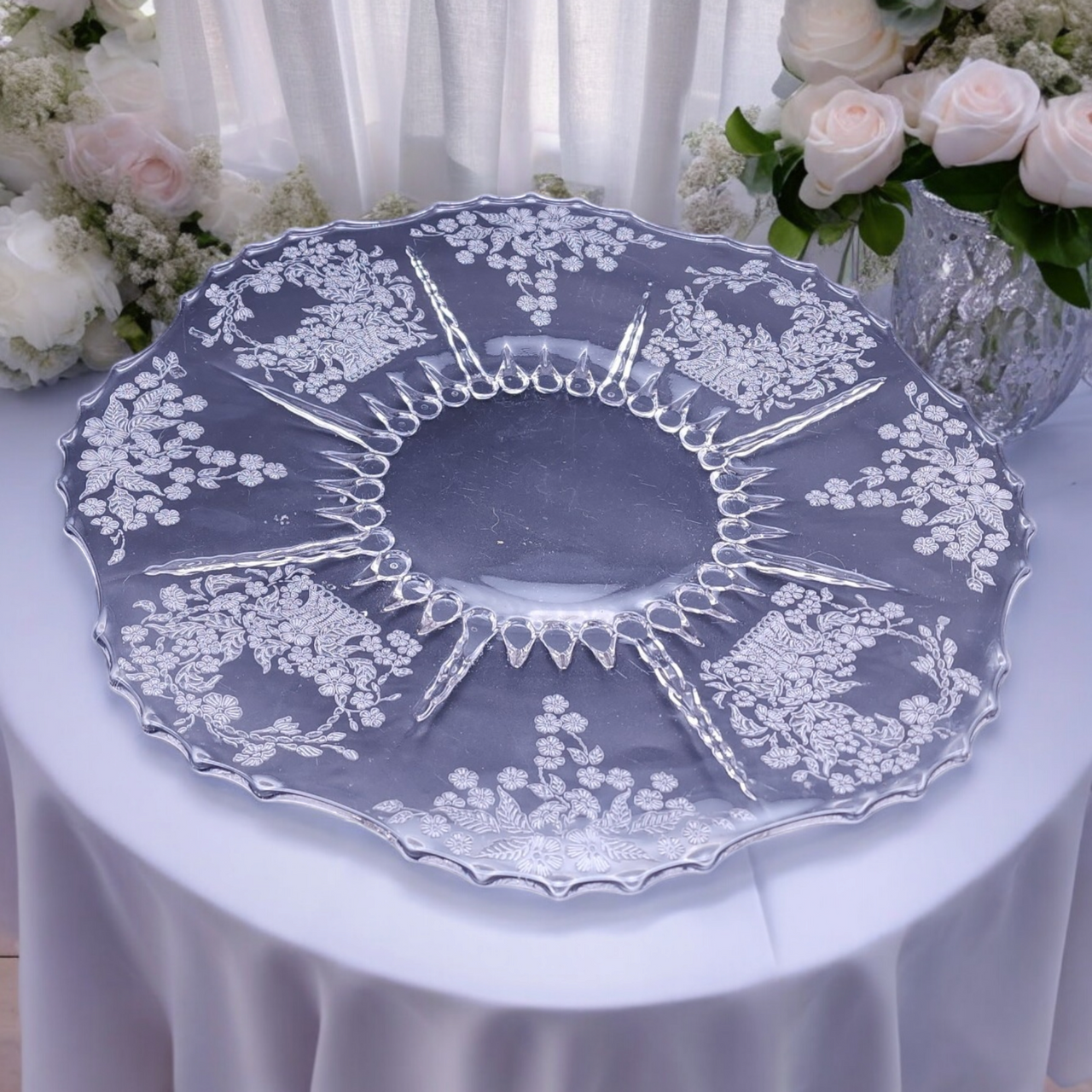 New Martinsville Flower Basket-Clear Etch Design Torte Plate