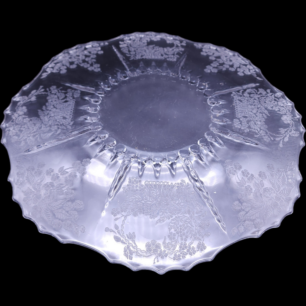 New Martinsville Flower Basket-Clear Etch Design Torte Plate
