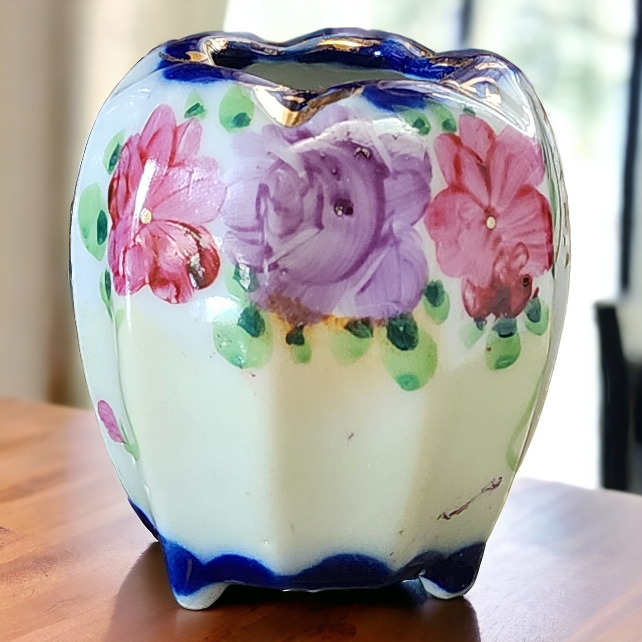 Nippon Cobalt Floral Porcelain Toothpick Holder Japan