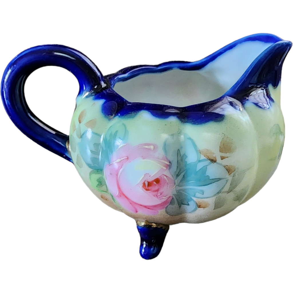 Nippon Gold Scrolls Cobalt Pink Roses Porcelain Creamer Japan