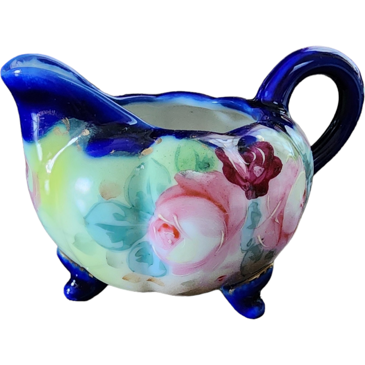 Nippon Gold Scrolls Cobalt Pink Roses Porcelain Creamer Japan