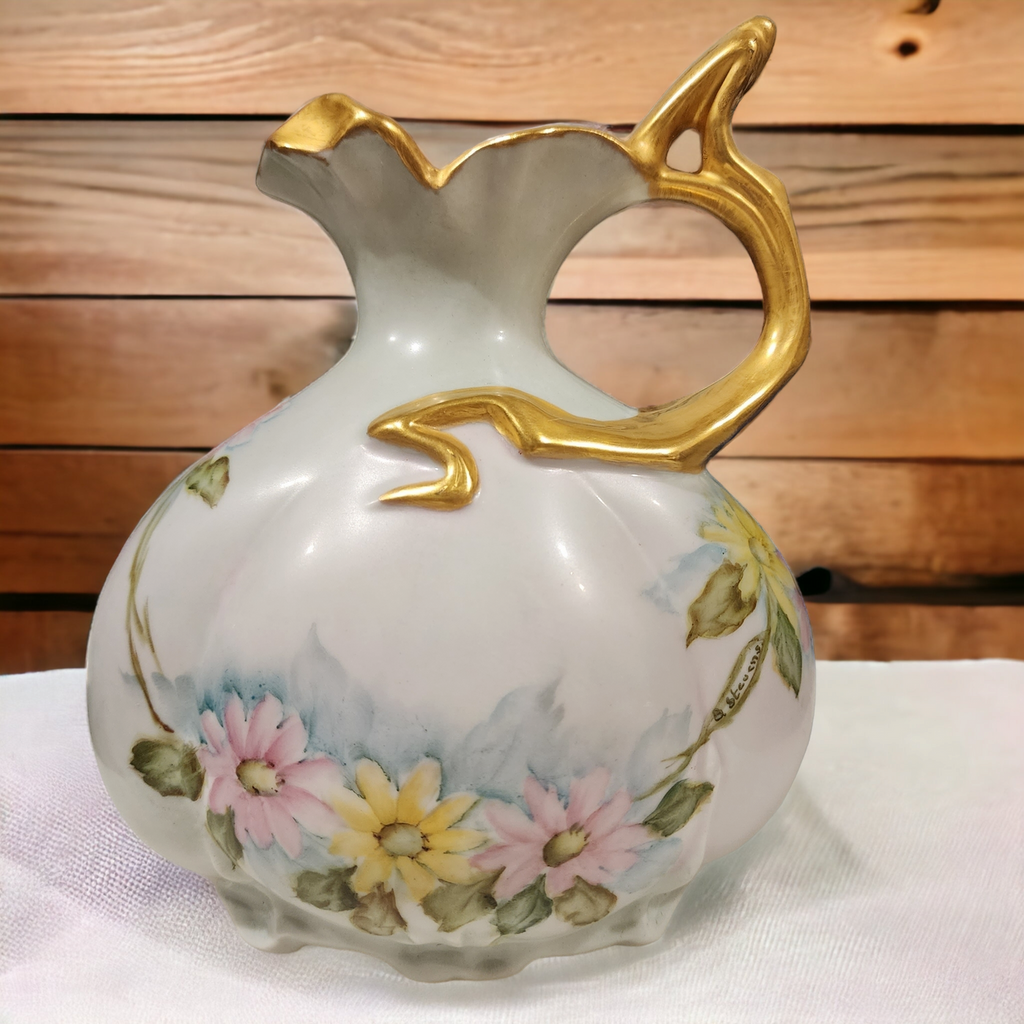Nippon Hand Painted Floral Gilt Porcelain Pitcher