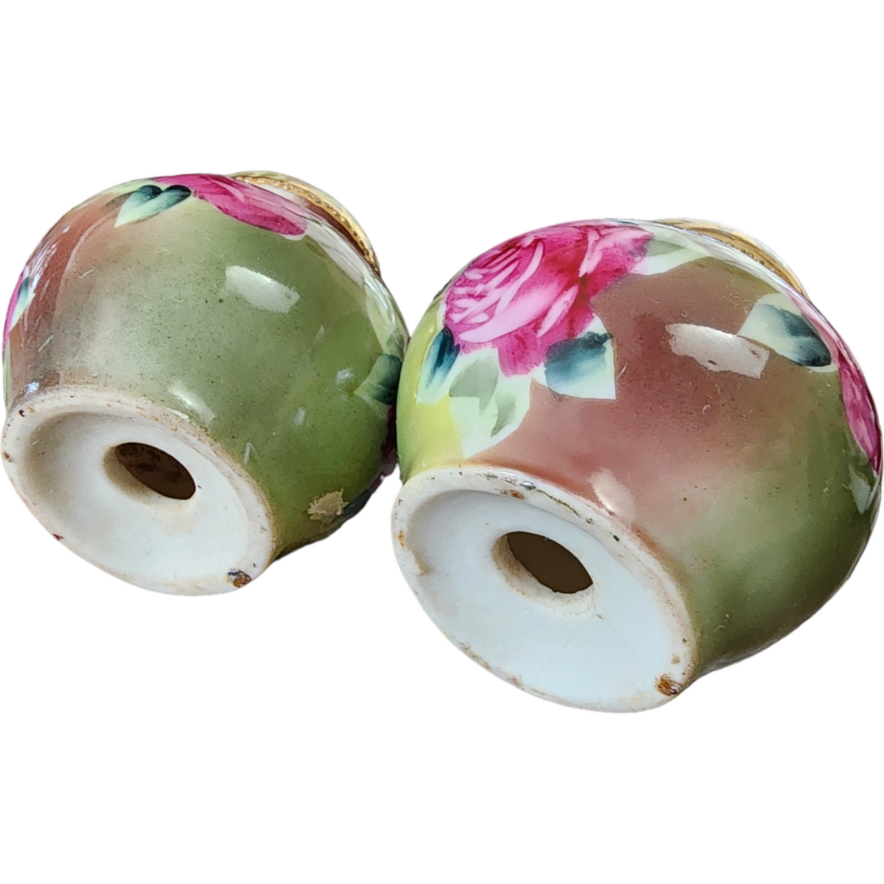Nippon Hand Painted Green Leaves with Red and Pink Roses Salt & Pepper Shaker Japan