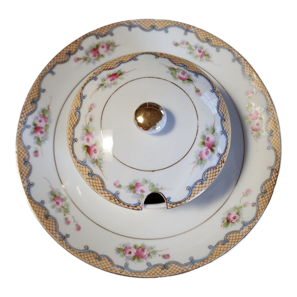 Nippon Lattice On Yellow Border Pink Roses Chip & Dip with Lid