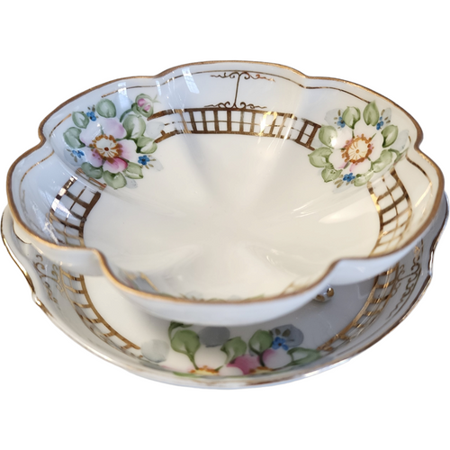 Nippon Pink Flowers Smooth Gold Trim 2Piece Whipped Cream Set