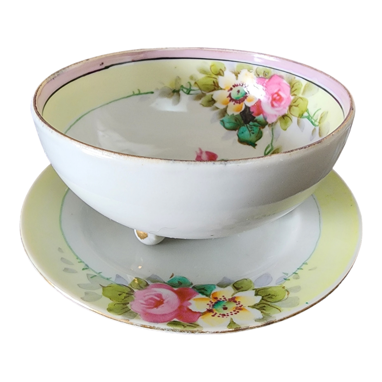 Nippon Yellow Edge Pink&White Flowers Goldtrim Trim 2 Piece Whipped Cream Set