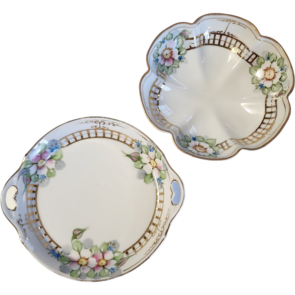 Nippon Pink Flowers Smooth Gold Trim 2Piece Whipped Cream Set