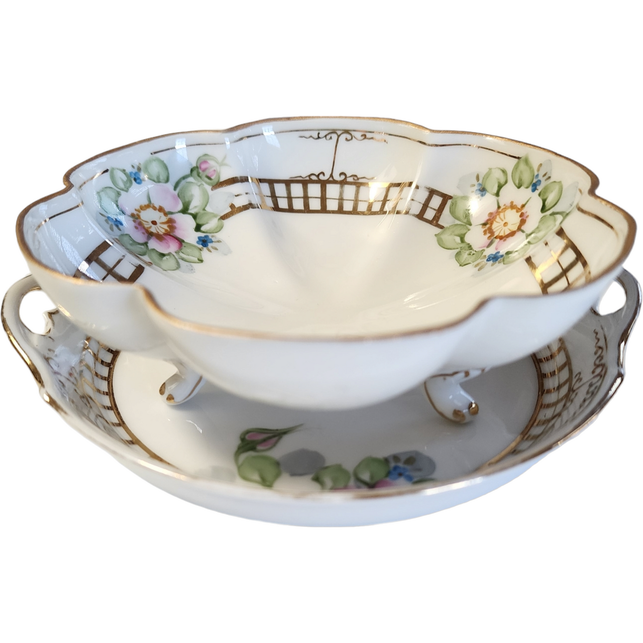 Nippon Pink Flowers Smooth Gold Trim 2Piece Whipped Cream Set