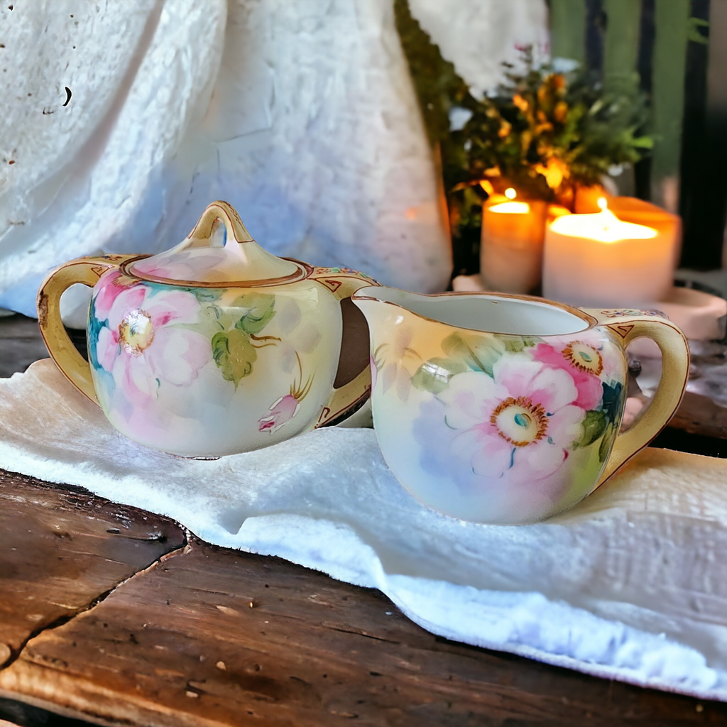 Nippon Yellow Edge Pink&White Flowers Goldtrim Sugar Bowl & Lid and Creamer Japan