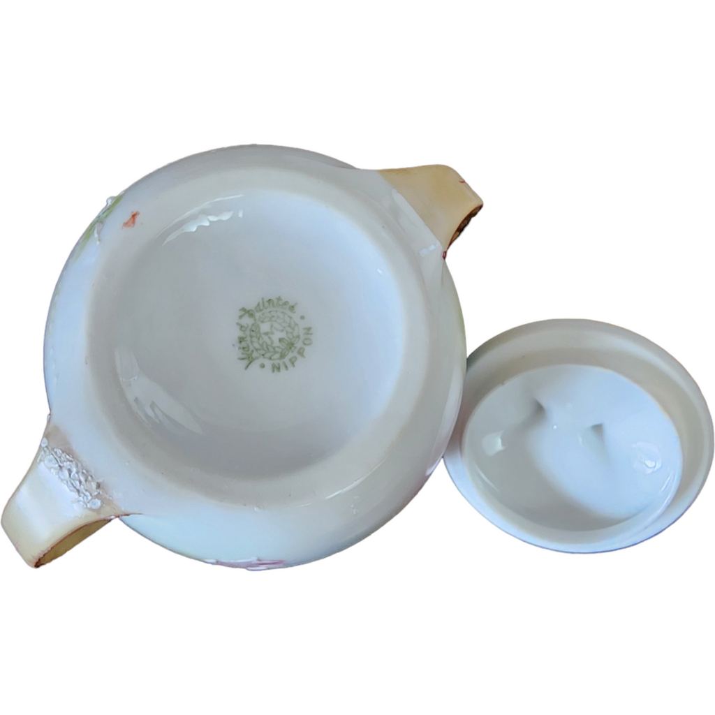 Nippon Yellow Edge Pink&White Flowers Goldtrim Sugar Bowl & Lid and Creamer Japan
