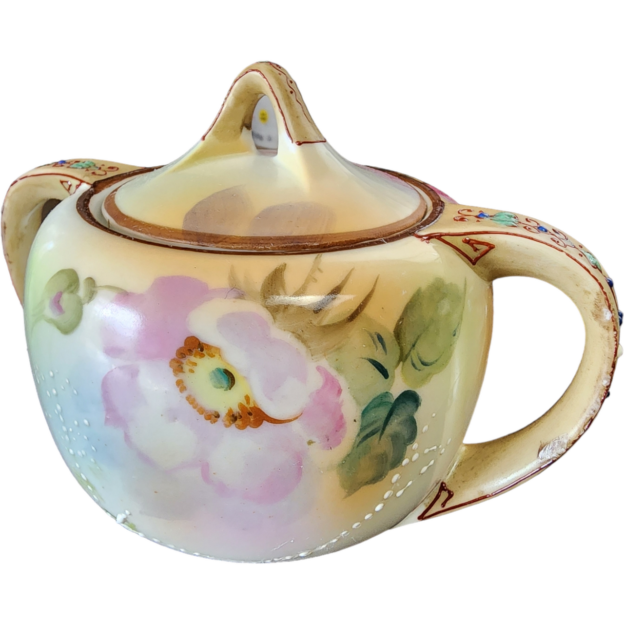 Nippon Yellow Edge Pink&White Flowers Goldtrim Sugar Bowl & Lid and Creamer Japan