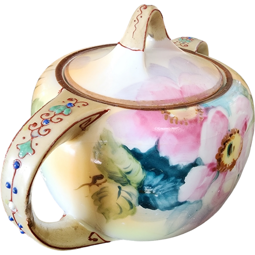 Nippon Yellow Edge Pink&White Flowers Goldtrim Sugar Bowl & Lid and Creamer Japan