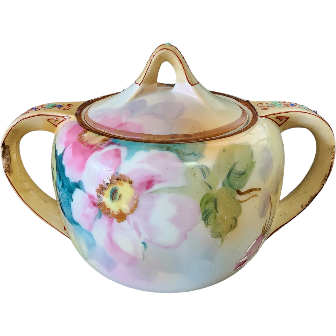 Nippon Yellow Edge Pink&White Flowers Goldtrim Sugar Bowl & Lid and Creamer Japan