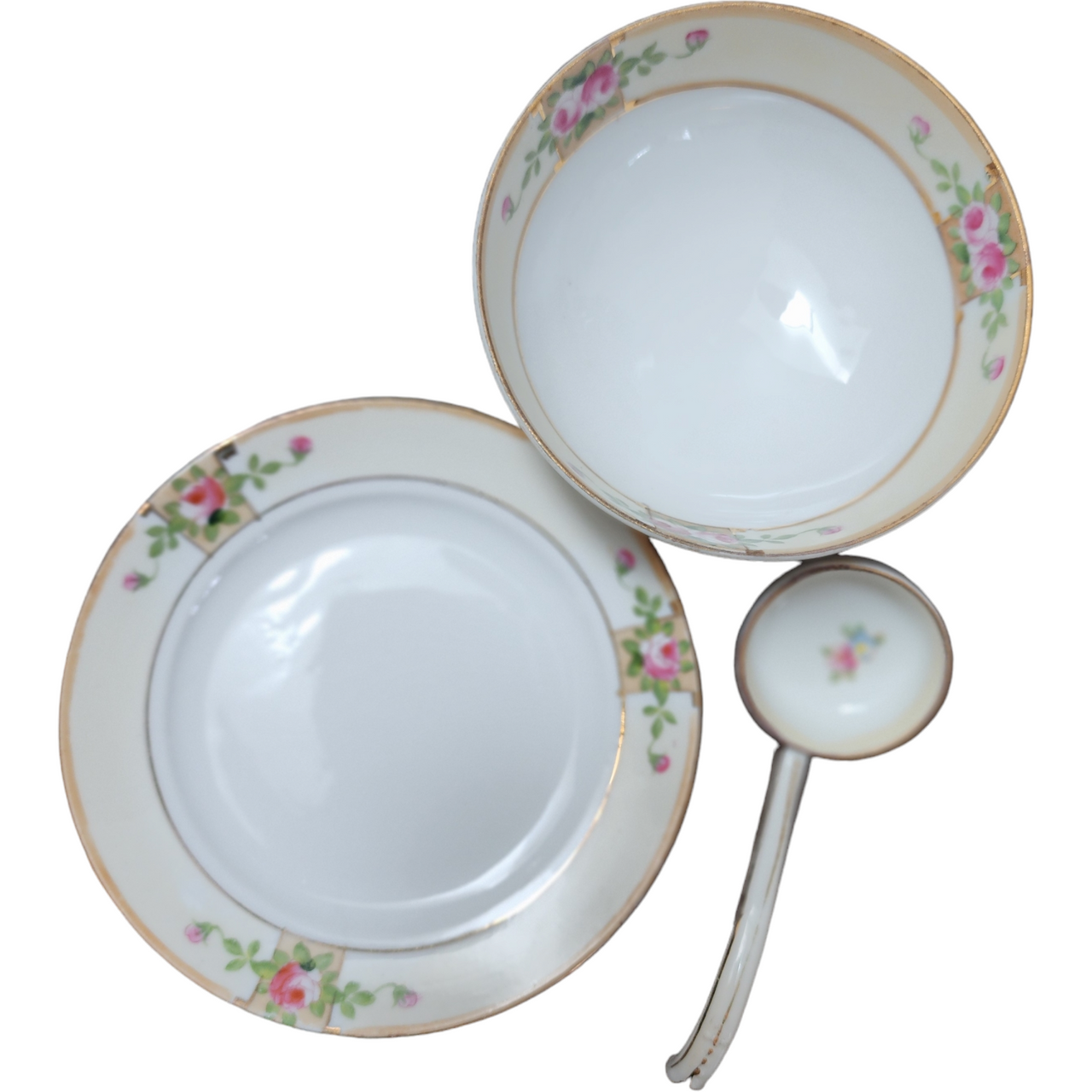 Nippon Yellow Edge Pink & White Flowers Goldtrim Trim 3 Piece Whipped Cream Set