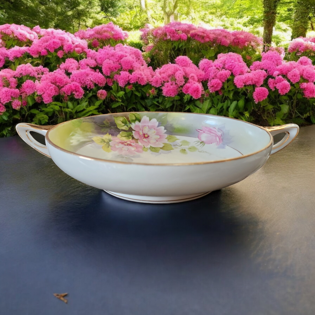 Nippon Yellow Edge Pink Flowers Goldtrim Handled Porcelain Bowl