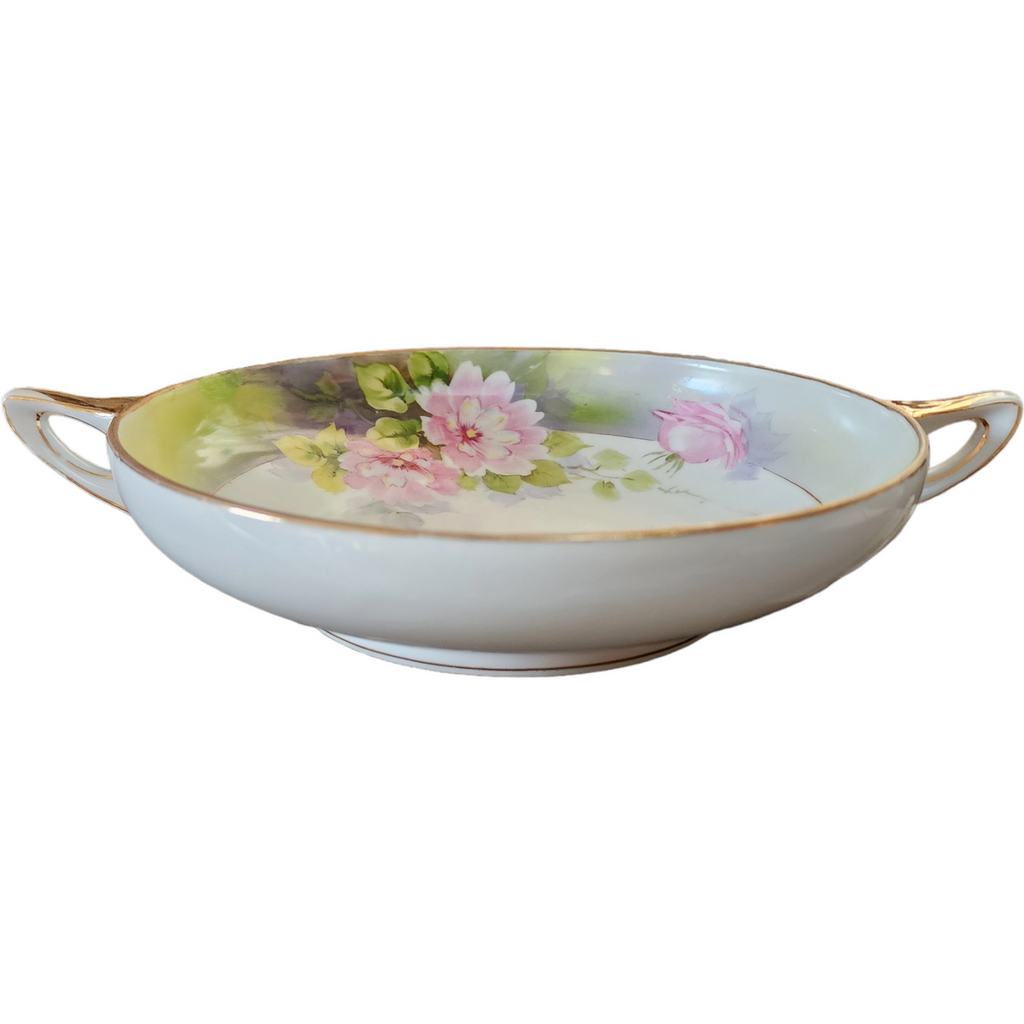 Nippon Yellow Edge Pink Flowers Goldtrim Handled Porcelain Bowl