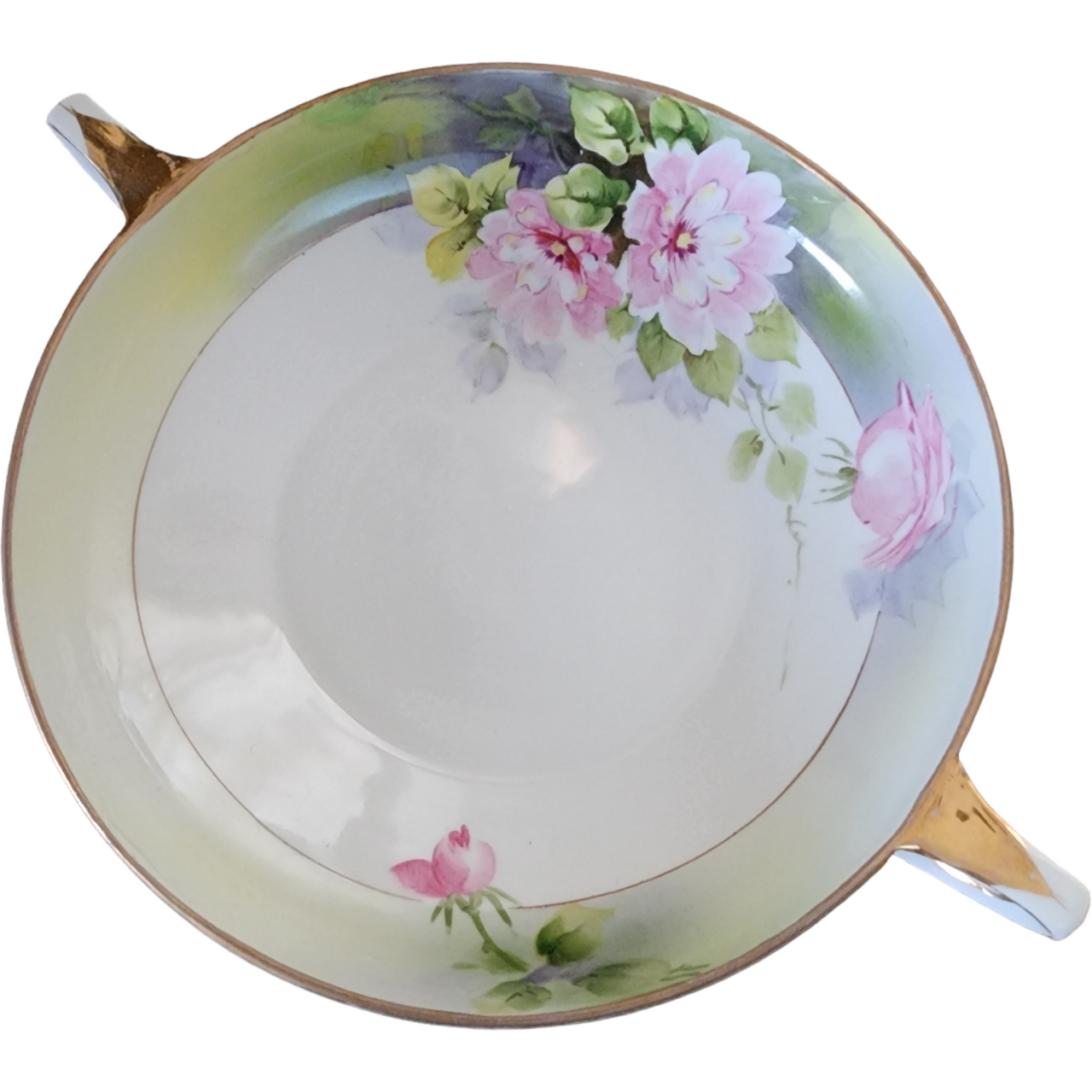 Nippon Yellow Edge Pink Flowers Goldtrim Handled Porcelain Bowl