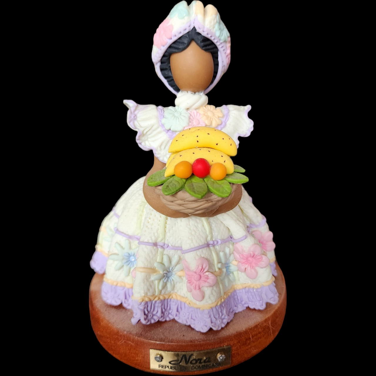 Nora Dominican Republic Faceless Doll Holding Basket of Fruit Wood Base Polymer Clay Figurine
