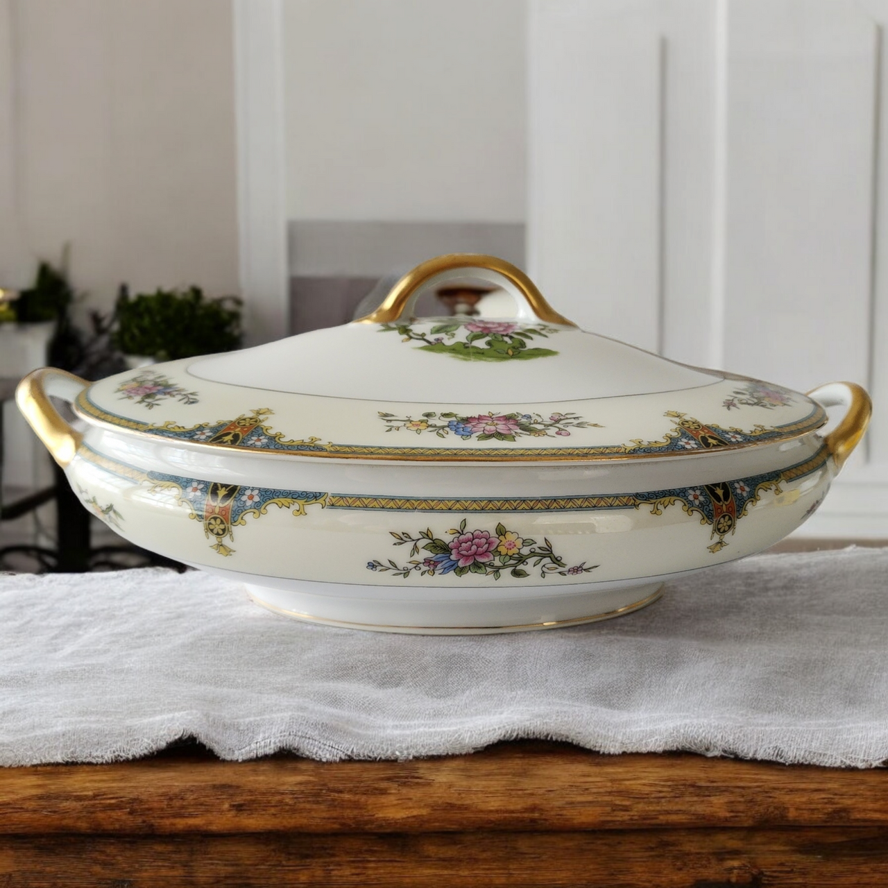 Noritake Florals Cream Band Blue & Yellow Edge Oval Covered Vegetable