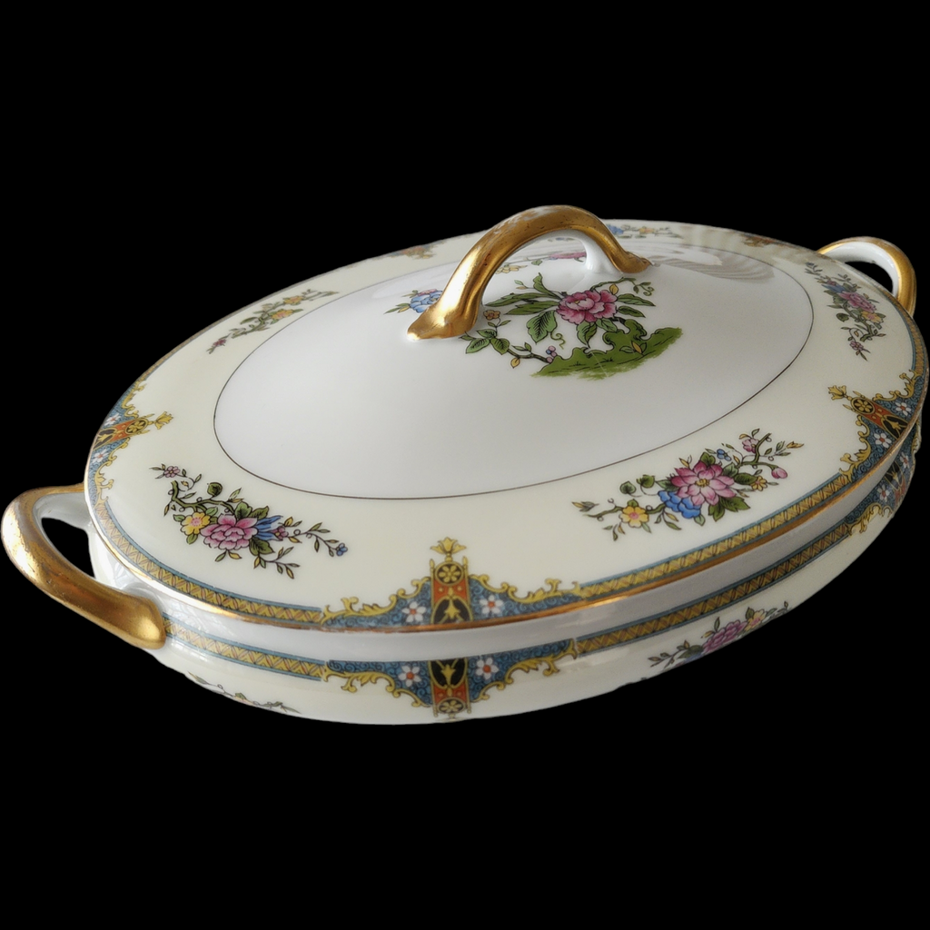 Noritake Florals Cream Band Blue & Yellow Edge Oval Covered Vegetable
