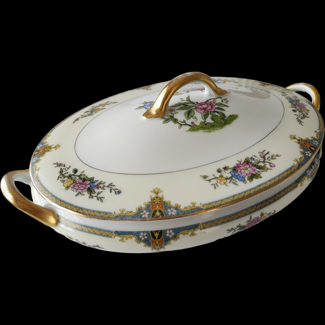 Noritake Florals Cream Band Blue & Yellow Edge Oval Covered Vegetable