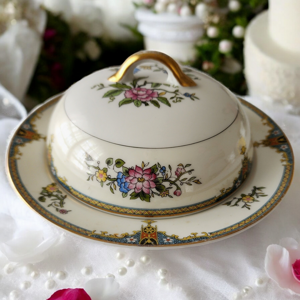 Noritake Florals Cream Band  Blue & Yellow Edge Round Covered Butter