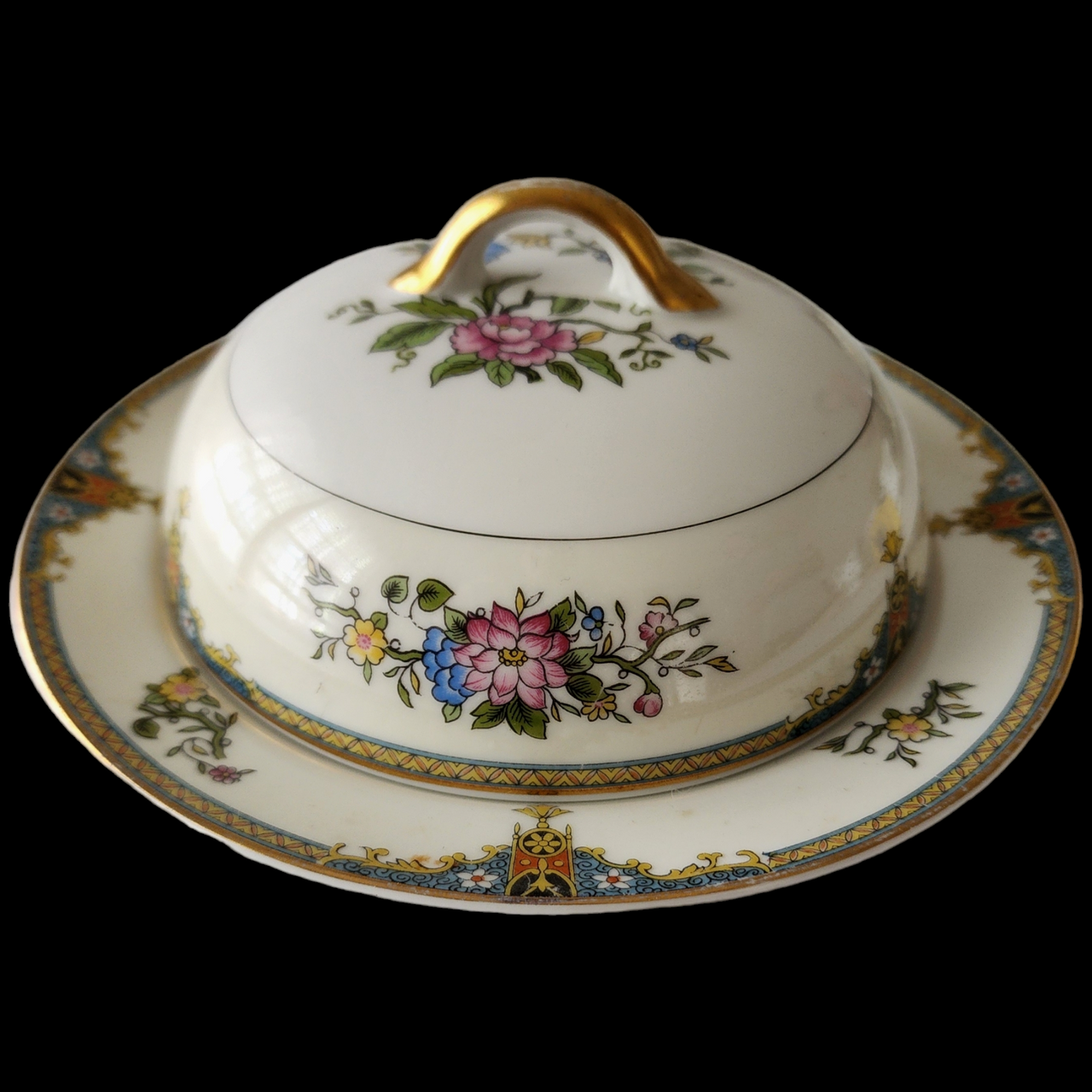 Noritake Florals Cream Band  Blue & Yellow Edge Round Covered Butter