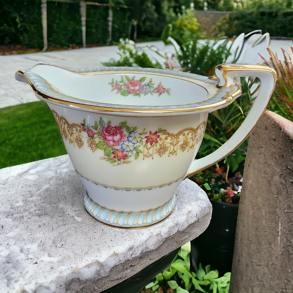 Noritake Juno Blue & Tan Band Flowers Tan Scrolls Creamer Japan